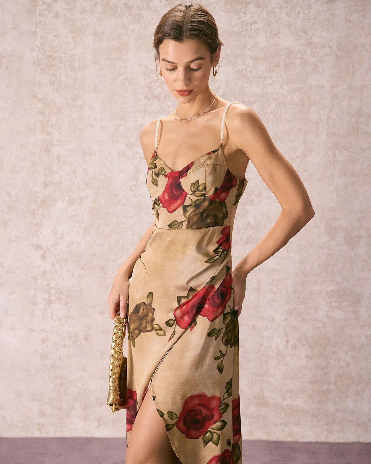 The Khaki Pearl Strap Side Slit Midi Dress sold by rihoas product image thumbnail 4