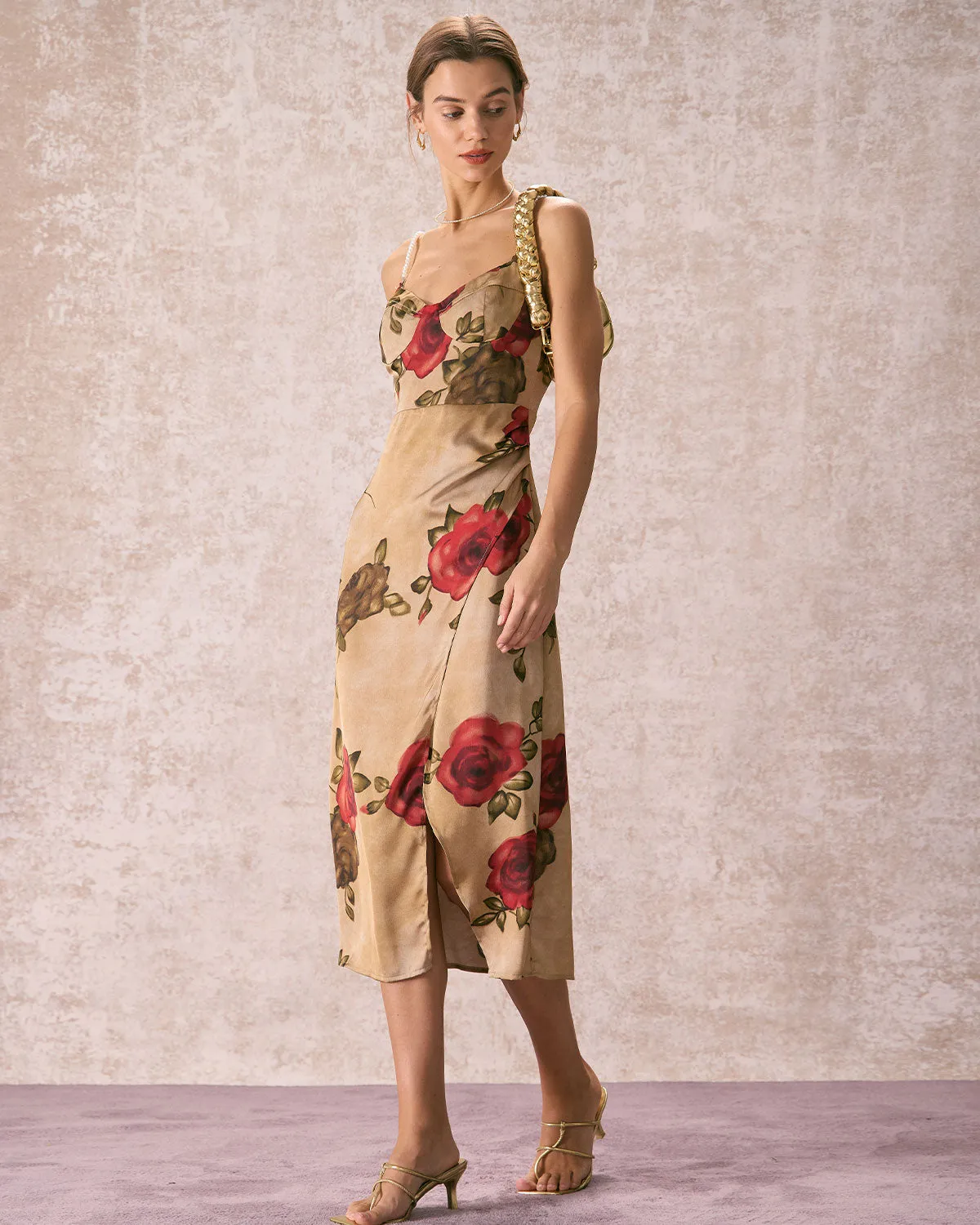 The Khaki Pearl Strap Side Slit Midi Dress sold by rihoas product image thumbnail 5