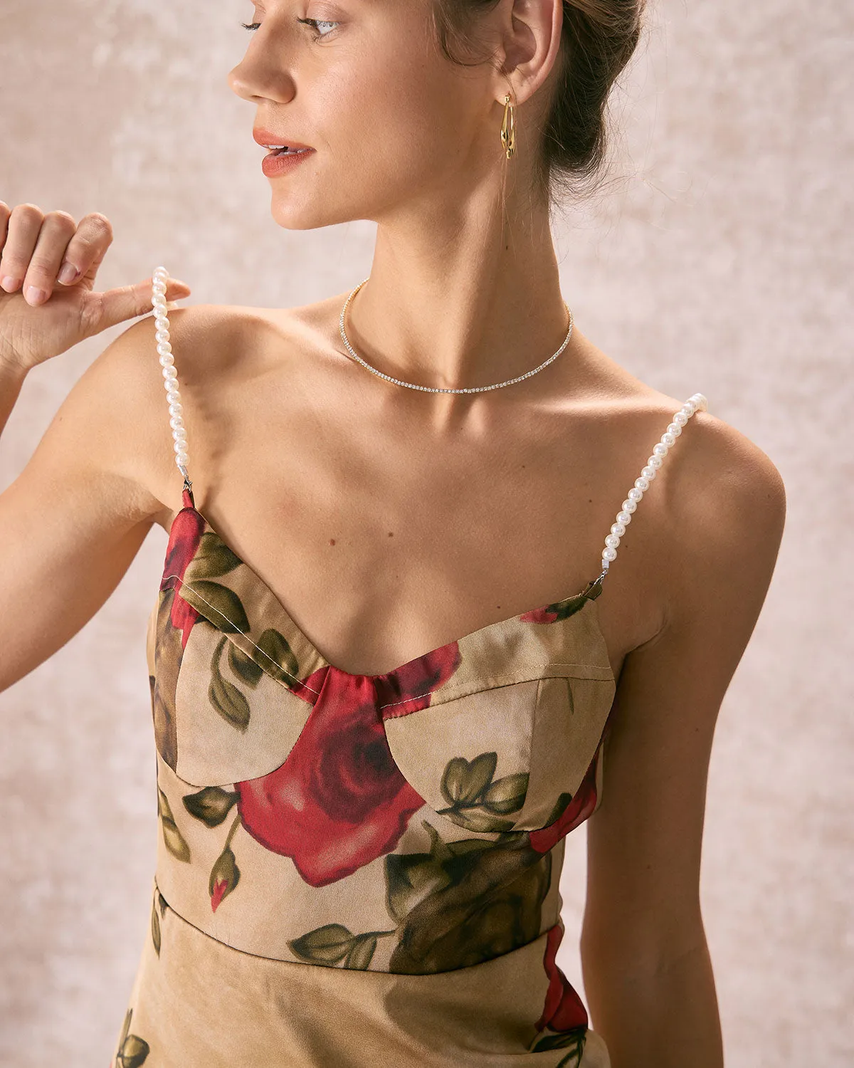 The Khaki Pearl Strap Side Slit Midi Dress sold by rihoas product image thumbnail 2