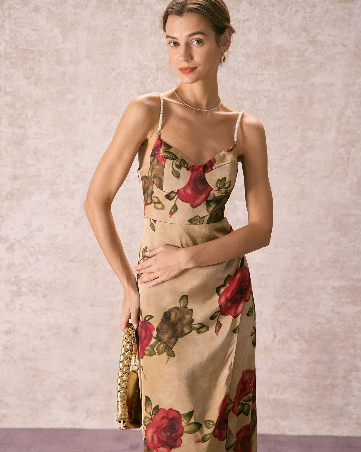 The Khaki Pearl Strap Side Slit Midi Dress sold by rihoas product image thumbnail 3