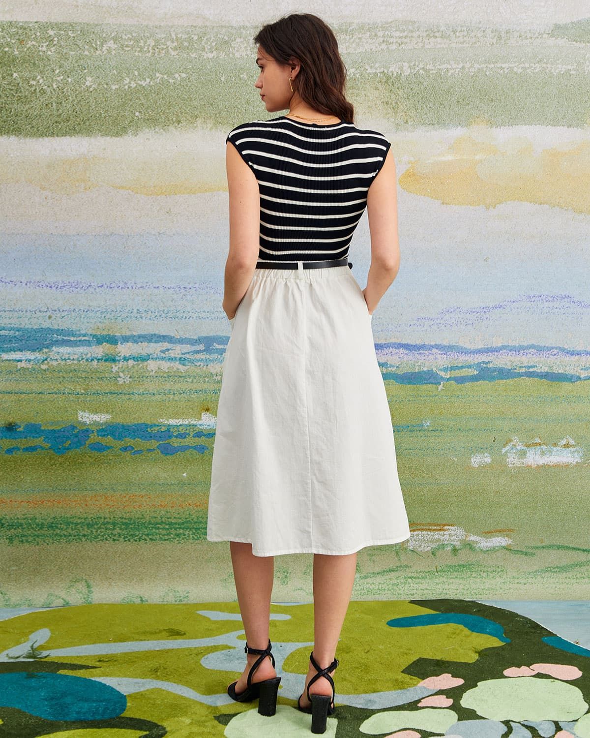 The White Elastic Waist Pockets Midi Skirt sold by rihoas product image thumbnail 6