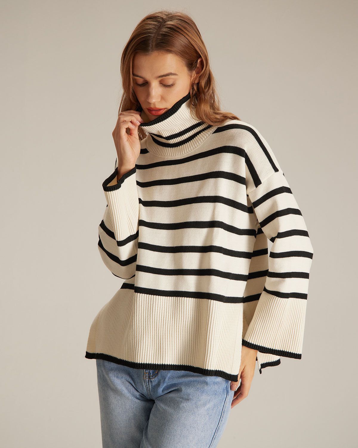 The Apricot Turtleneck Striped Pullover Sweater sold by rihoas product image thumbnail 3