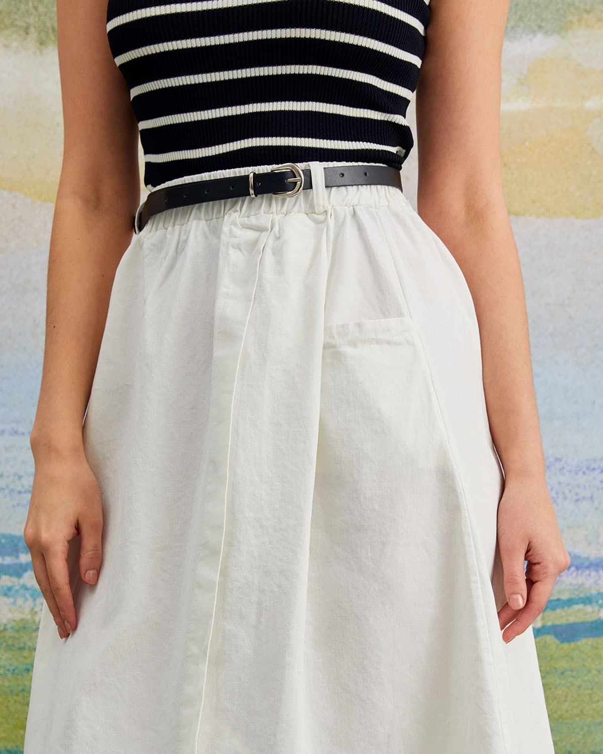 The White Elastic Waist Pockets Midi Skirt sold by rihoas product image thumbnail 5