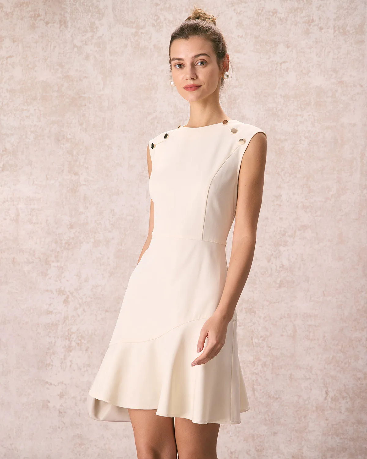 The Beige Button-Shoulder Flounce Mini Dress sold by rihoas product image thumbnail 3