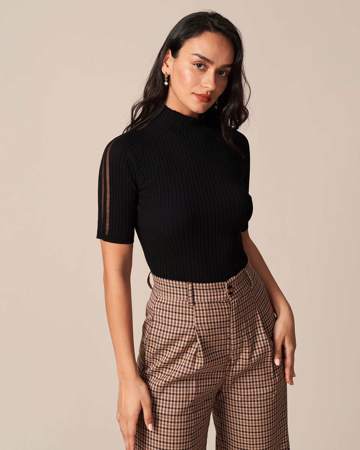 The Black Mock Neck Spliced Mesh Knit Top sold by rihoas product image thumbnail 3