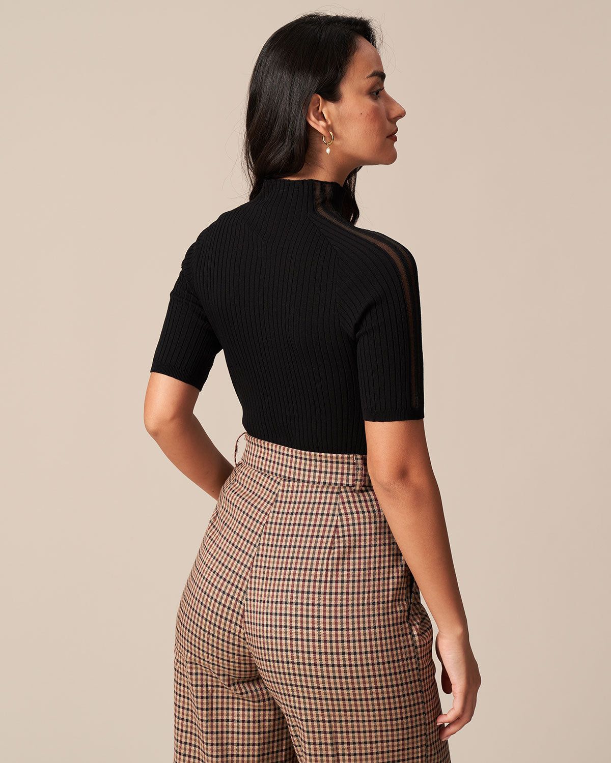 The Black Mock Neck Spliced Mesh Knit Top sold by rihoas product image thumbnail 5