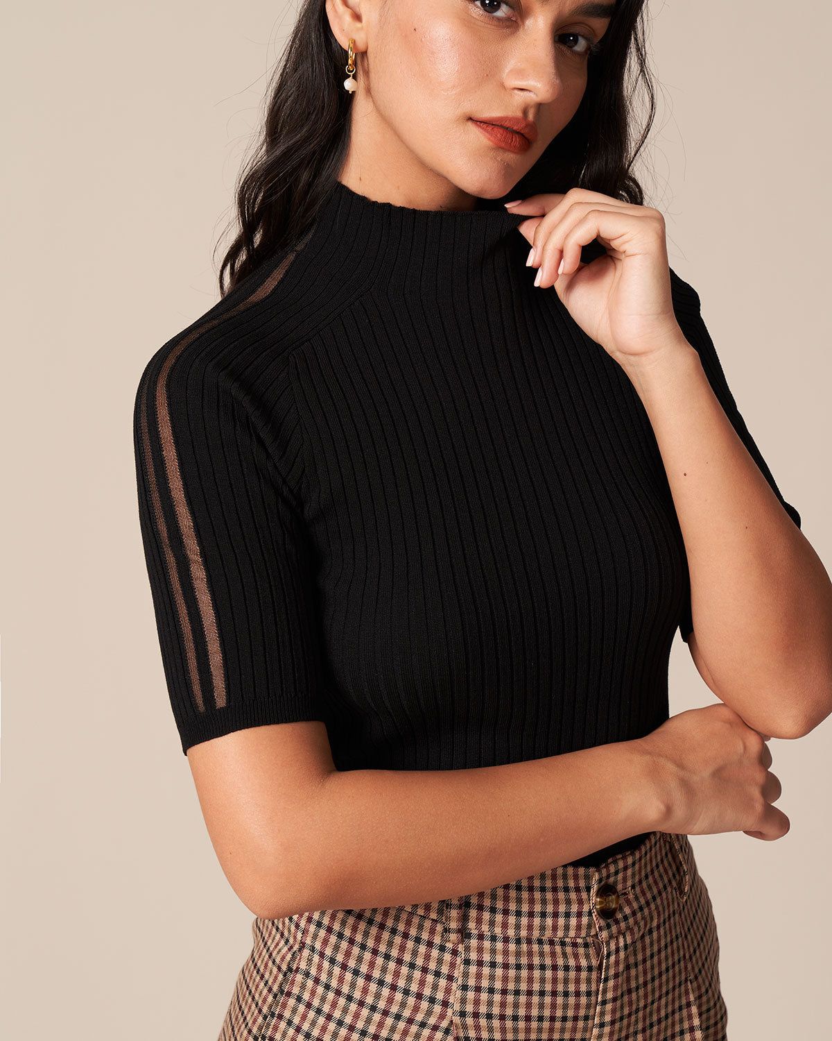 The Black Mock Neck Spliced Mesh Knit Top sold by rihoas product image thumbnail 4