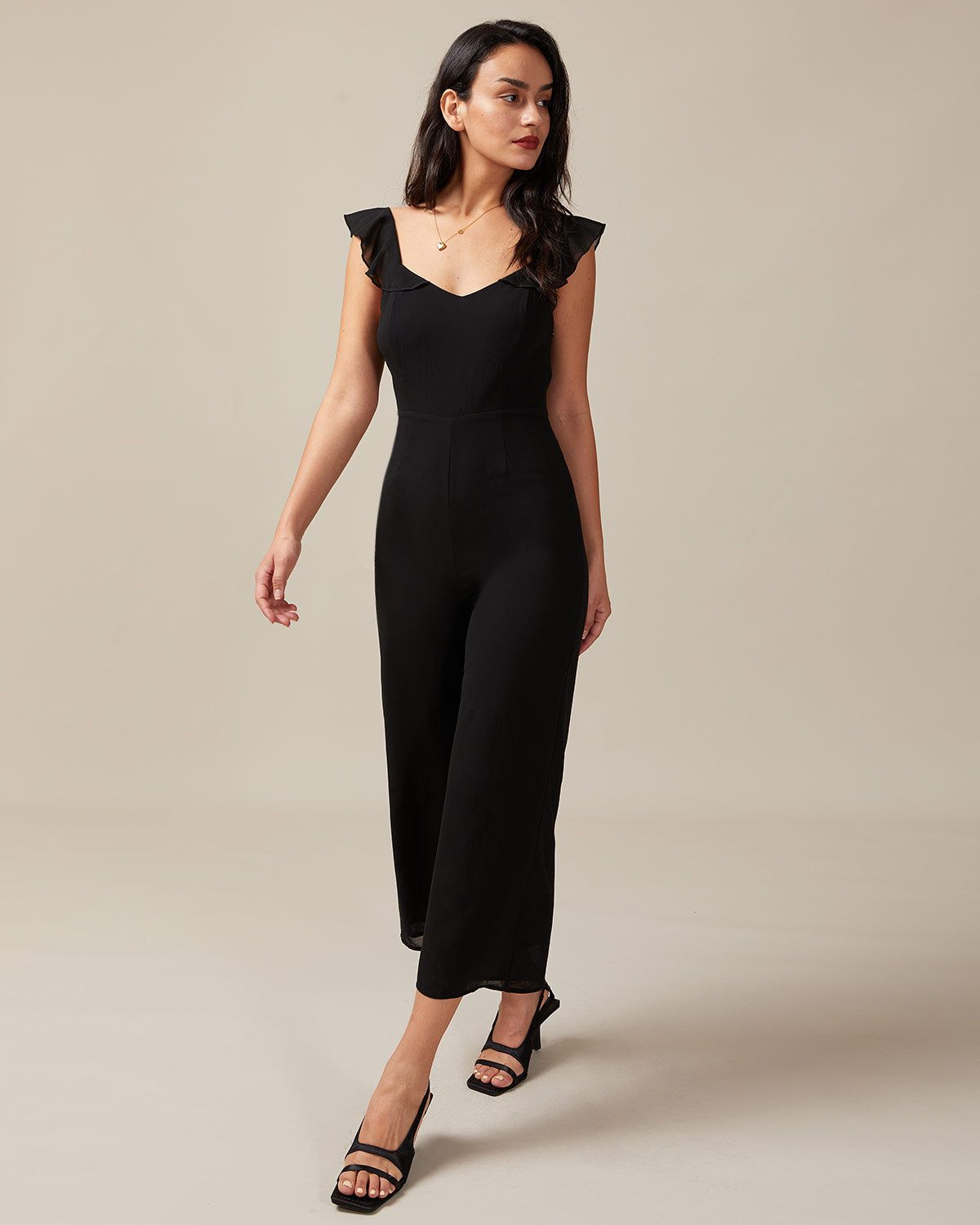 The Black V Neck Ruffle Trim Sleeveless Jumpsuit sold by rihoas product image thumbnail 4