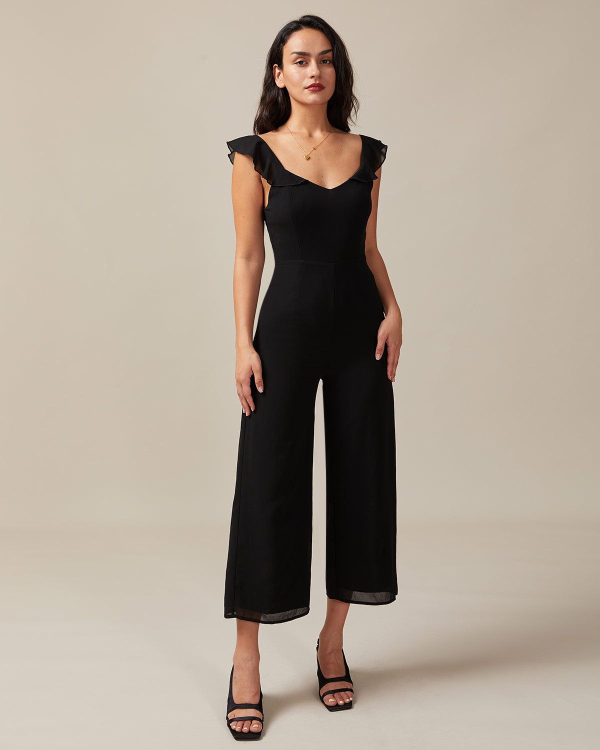 The Black V Neck Ruffle Trim Sleeveless Jumpsuit sold by rihoas