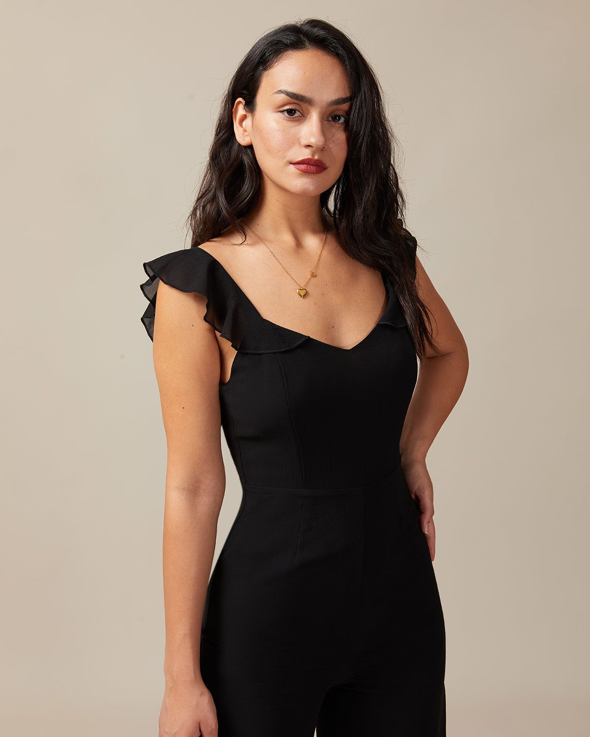 The Black V Neck Ruffle Trim Sleeveless Jumpsuit sold by rihoas product image thumbnail 2