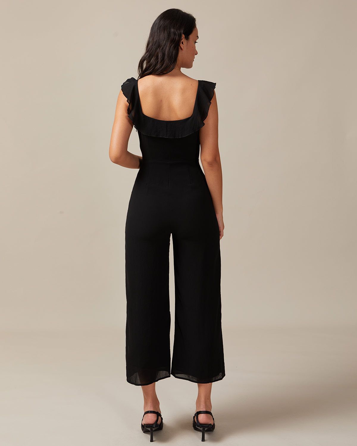 The Black V Neck Ruffle Trim Sleeveless Jumpsuit sold by rihoas product image thumbnail 5