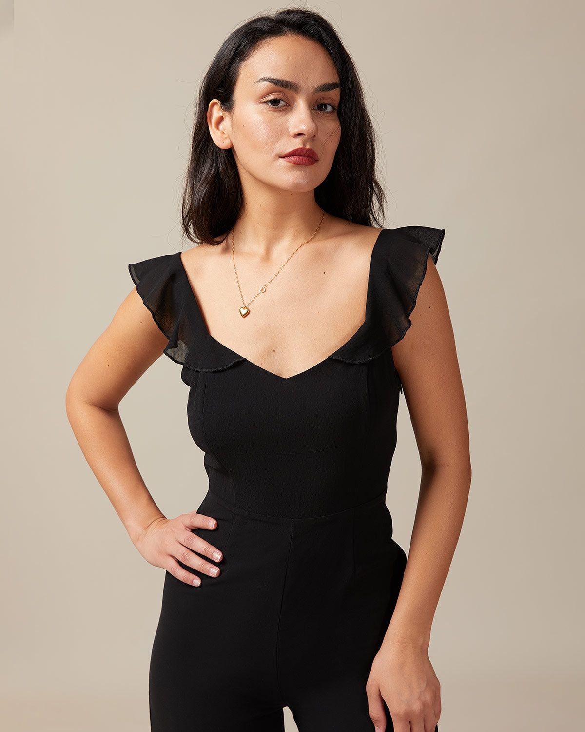 The Black V Neck Ruffle Trim Sleeveless Jumpsuit sold by rihoas product image thumbnail 3