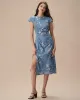 The Blue Round Neck Slit Floral Midi Dress sold by rihoas