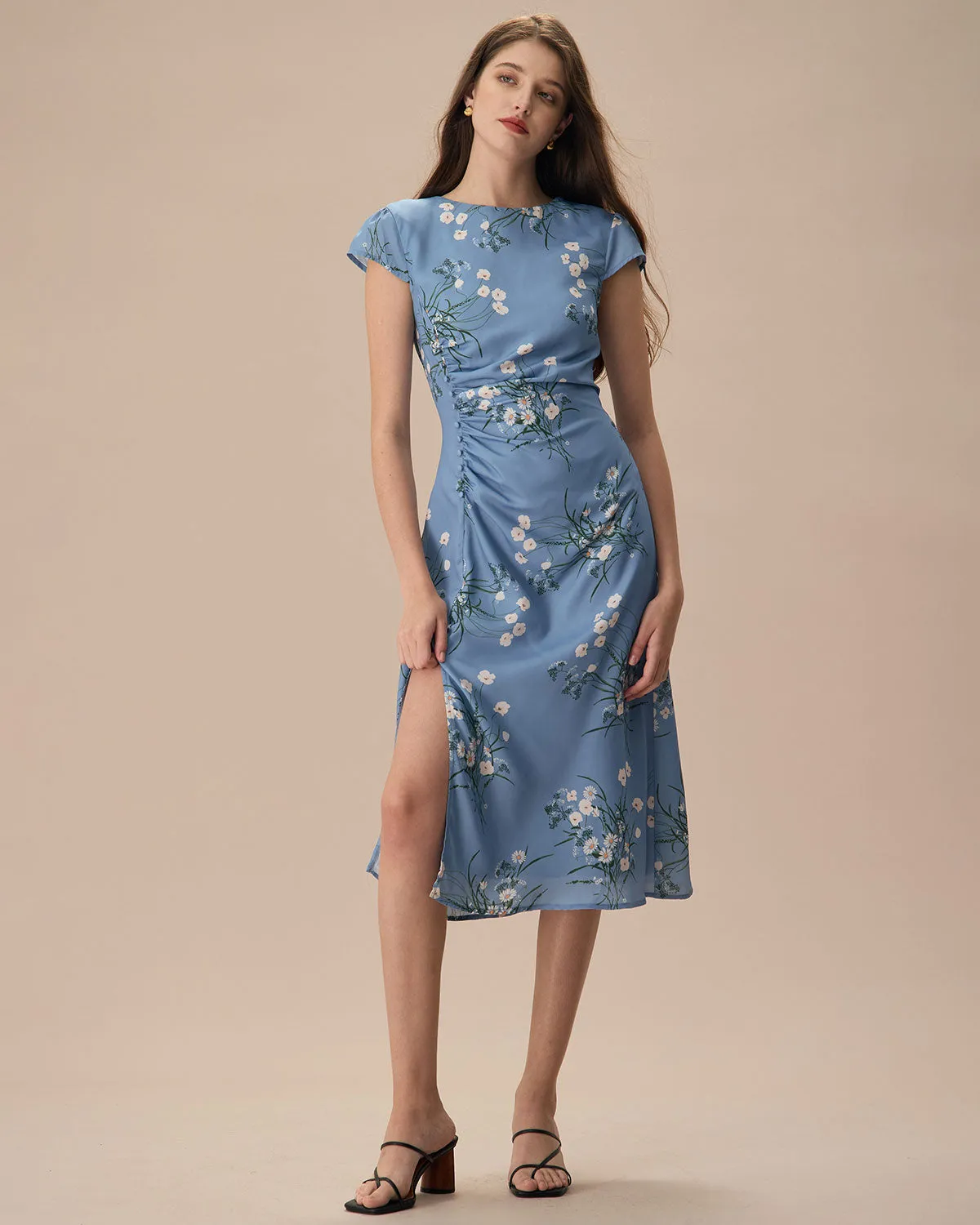 The Blue Round Neck Slit Floral Midi Dress sold by rihoas product image thumbnail 5