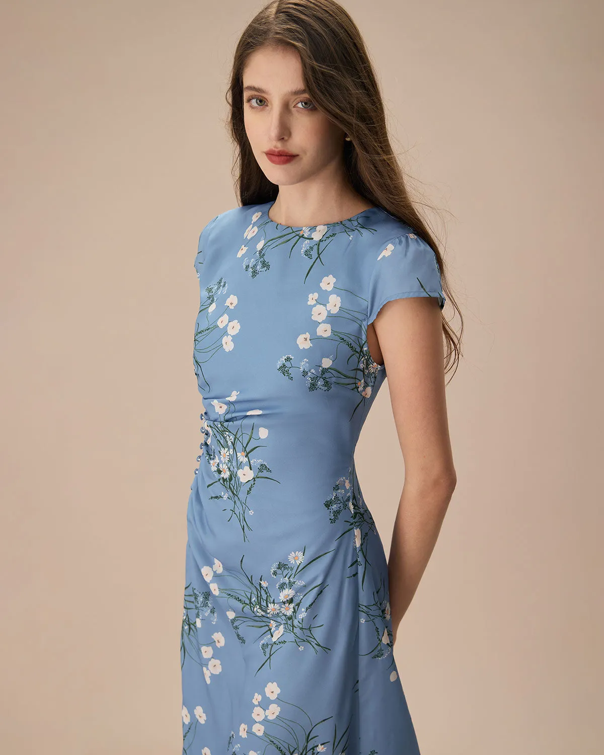The Blue Round Neck Slit Floral Midi Dress sold by rihoas product image thumbnail 2