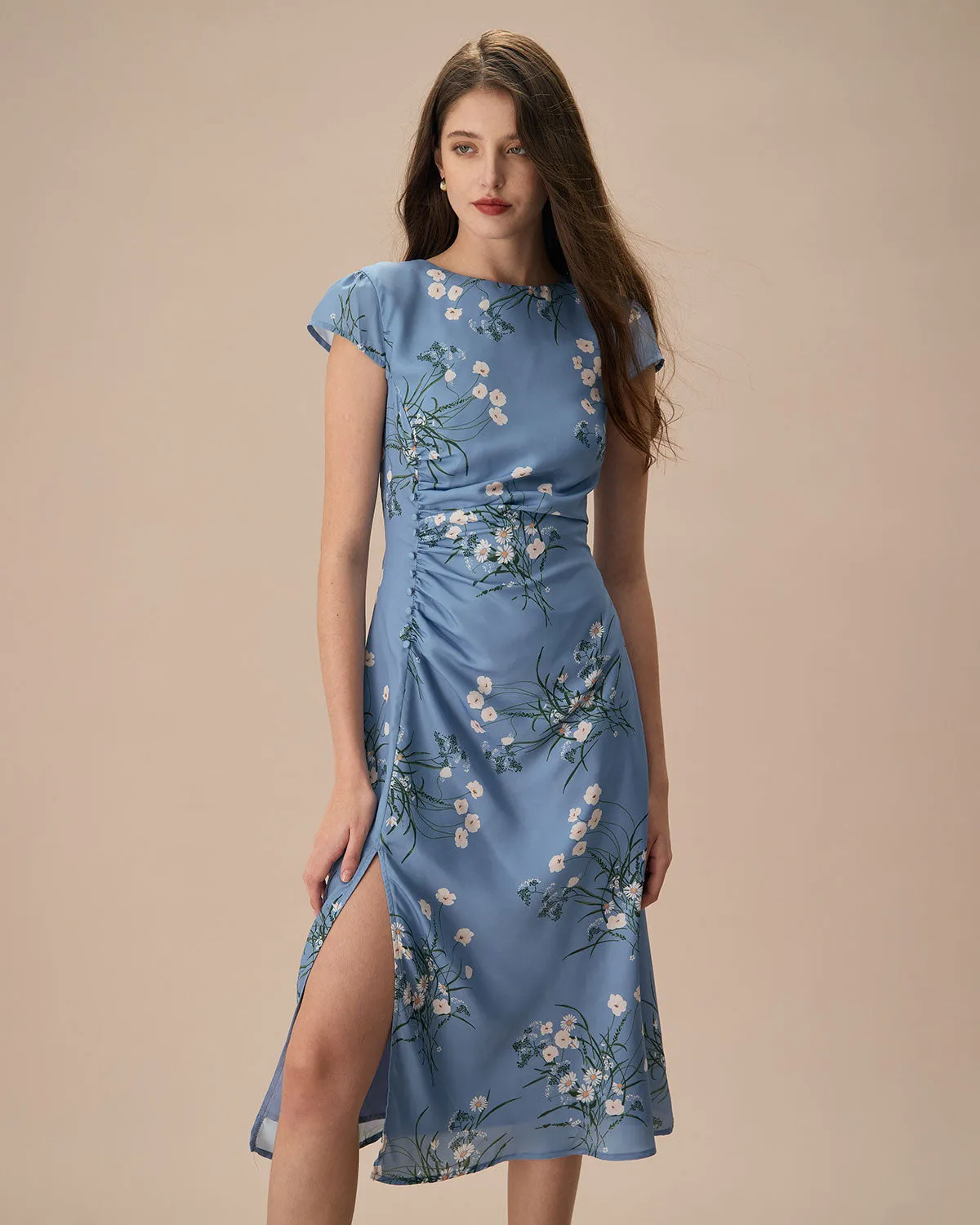 The Blue Round Neck Slit Floral Midi Dress sold by rihoas