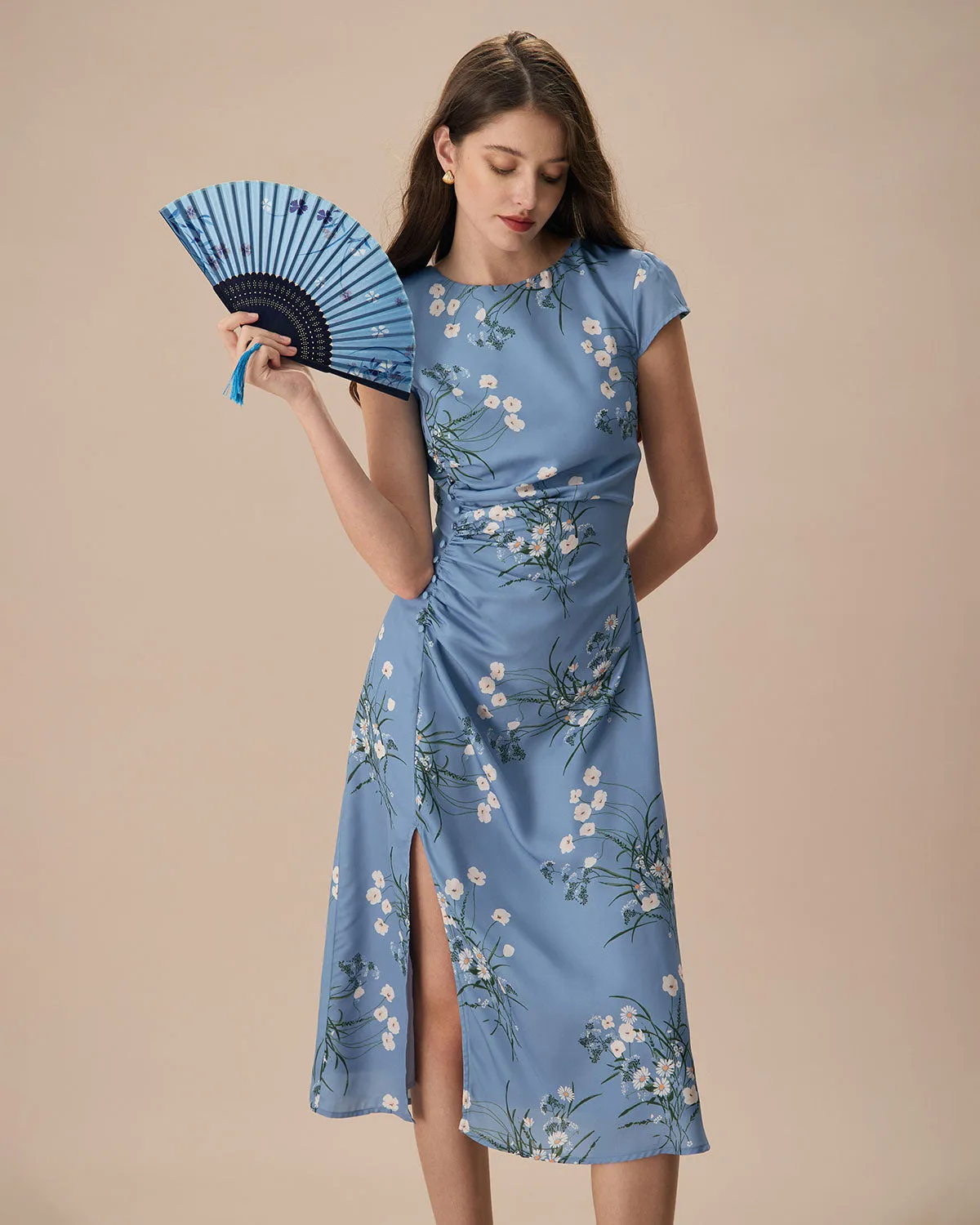The Blue Round Neck Slit Floral Midi Dress sold by rihoas product image thumbnail 3