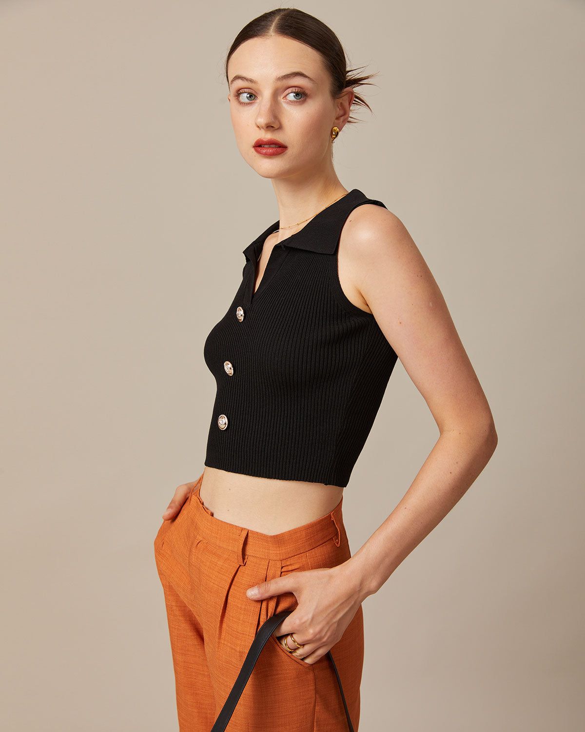 The Black V Neck Ribbed Button Vest sold by rihoas product image thumbnail 3