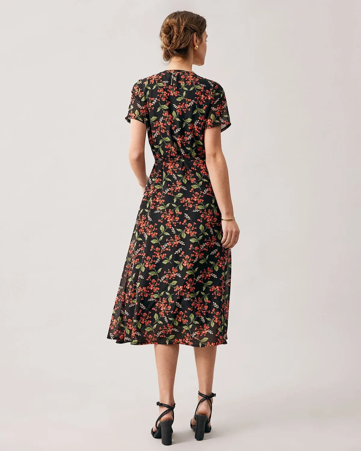 The Black V Neck Fruit Print Wrap Midi Dress sold by rihoas product image thumbnail 5
