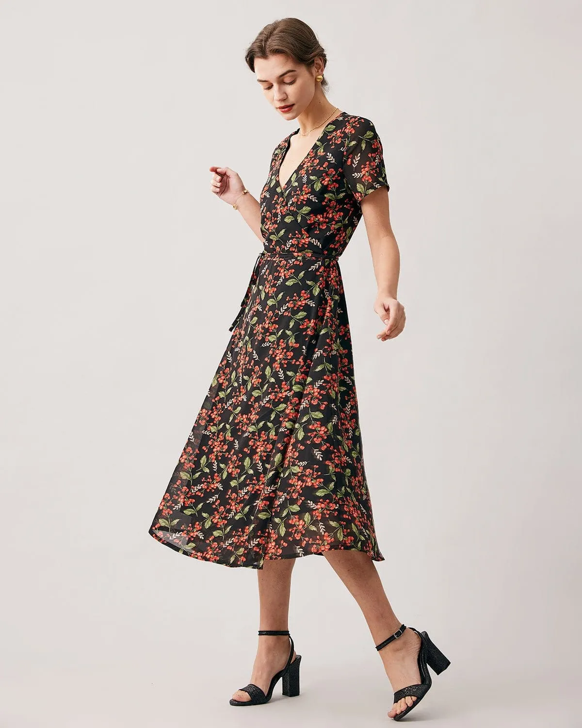 The Black V Neck Fruit Print Wrap Midi Dress sold by rihoas product image thumbnail 3