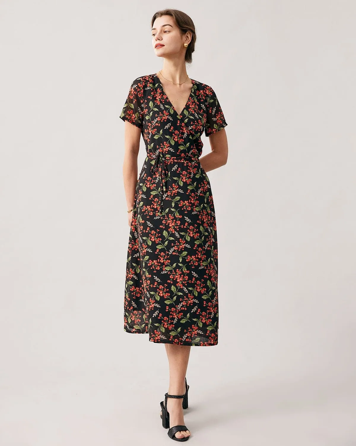 The Black V Neck Fruit Print Wrap Midi Dress sold by rihoas product image thumbnail 4