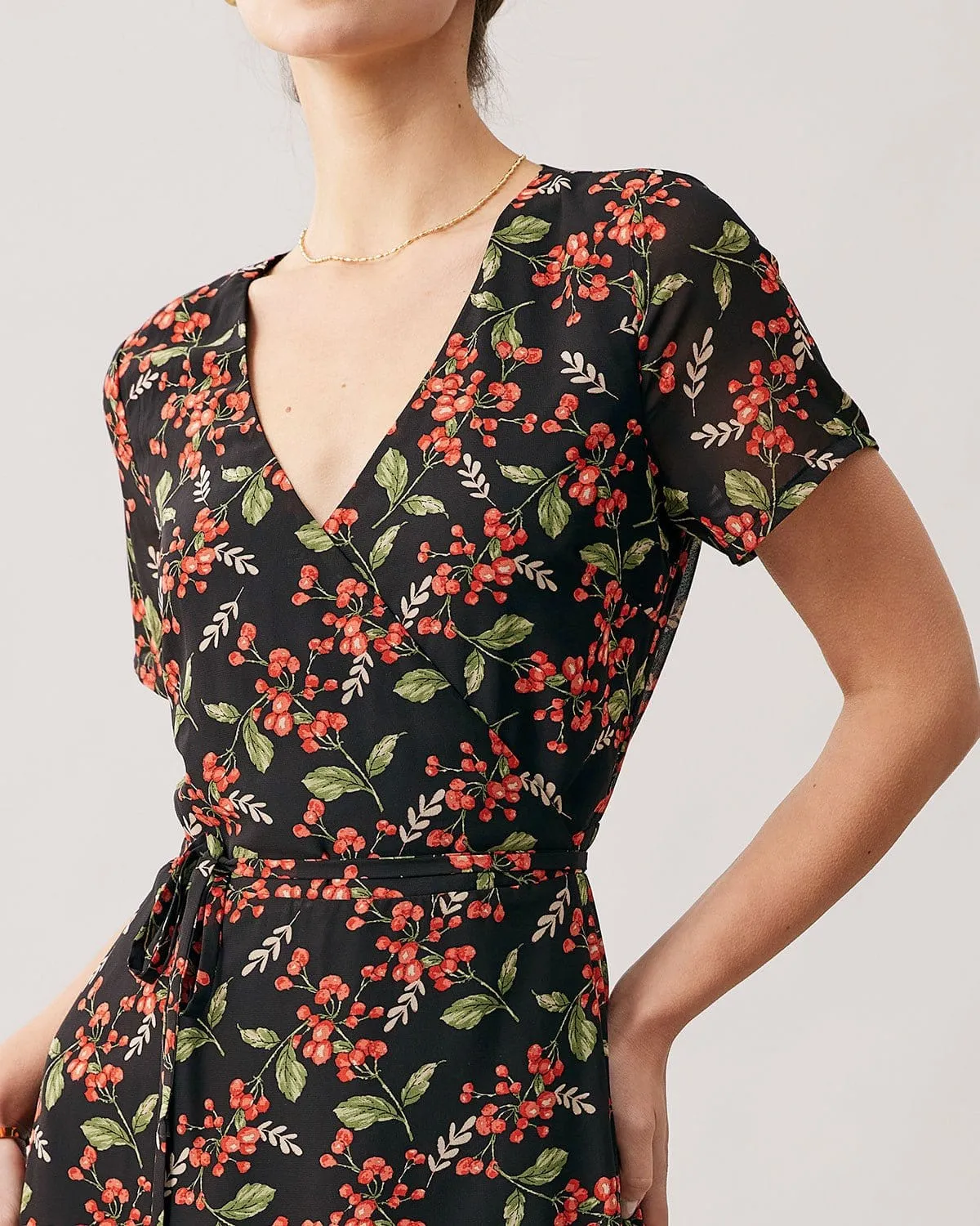 The Black V Neck Fruit Print Wrap Midi Dress sold by rihoas product image thumbnail 2