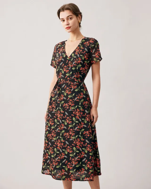 The Black V Neck Fruit Print Wrap Midi Dress sold by rihoas