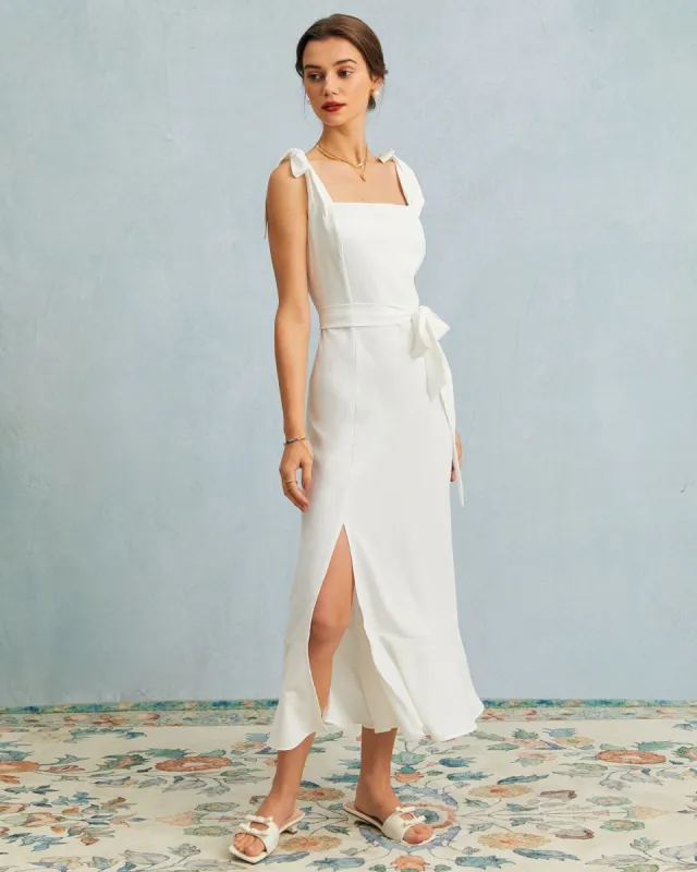 The White Waist Tie Ruffle Hem Sleeveless Midi Dress sold by rihoas
