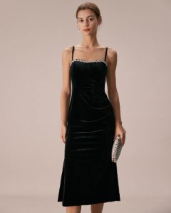 The Black Strappy Diamond Velvet Midi Dress sold by rihoas
