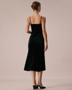 The Black Strappy Diamond Velvet Midi Dress sold by rihoas
