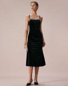 The Black Strappy Diamond Velvet Midi Dress sold by rihoas