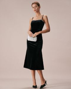 The Black Strappy Diamond Velvet Midi Dress sold by rihoas