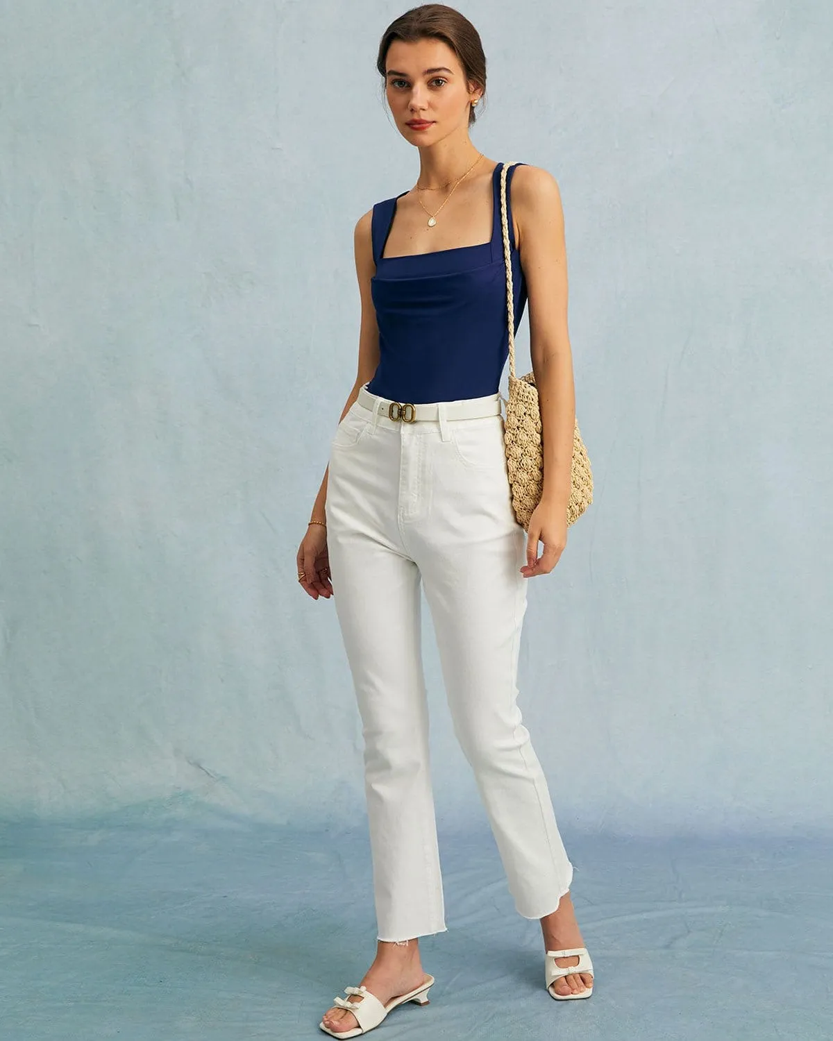 The Navy Square Neck Ruched Tank Top sold by rihoas product image thumbnail 5