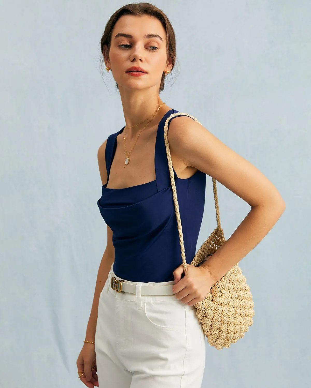 The Navy Square Neck Ruched Tank Top sold by rihoas product image thumbnail 3