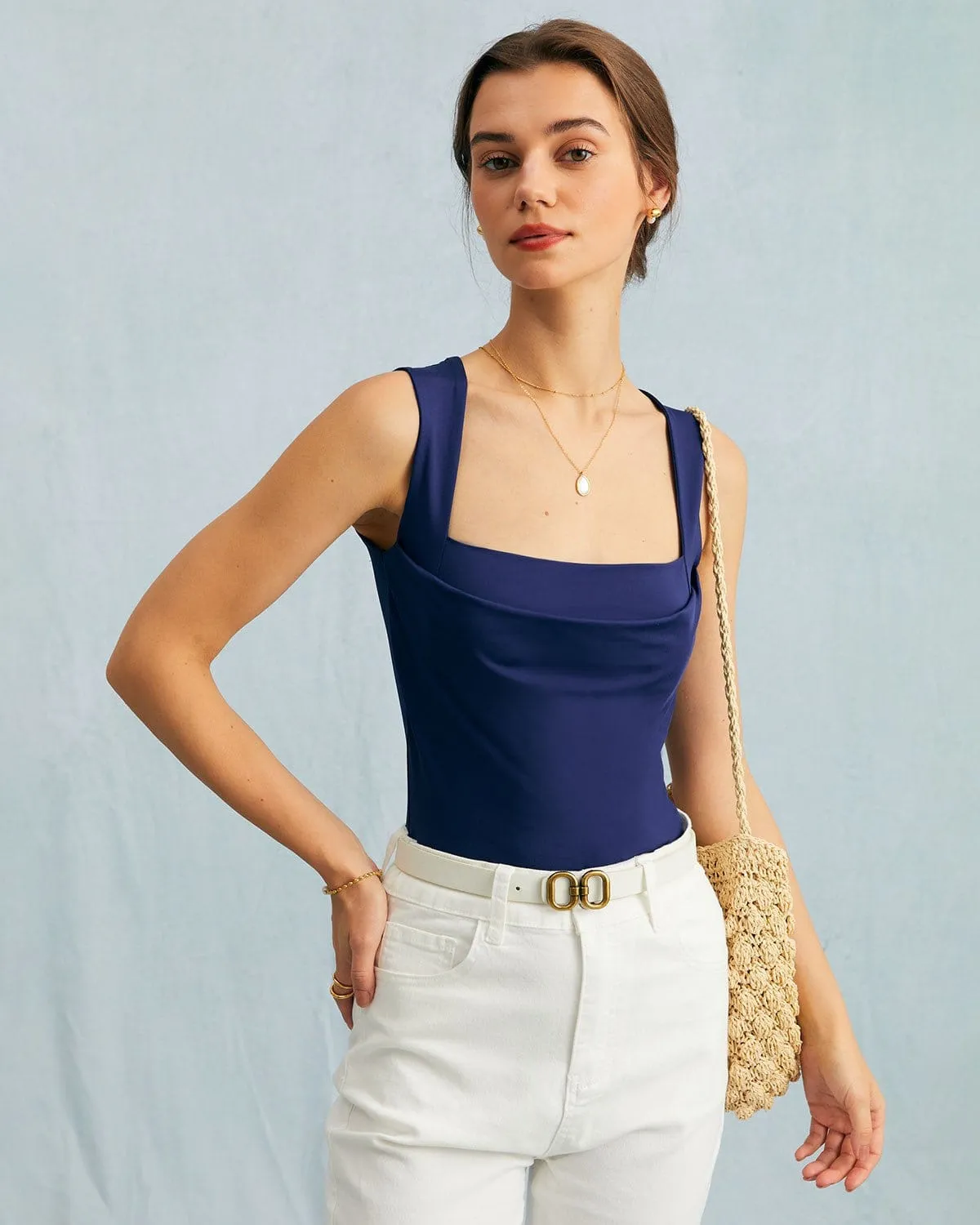 The Navy Square Neck Ruched Tank Top sold by rihoas