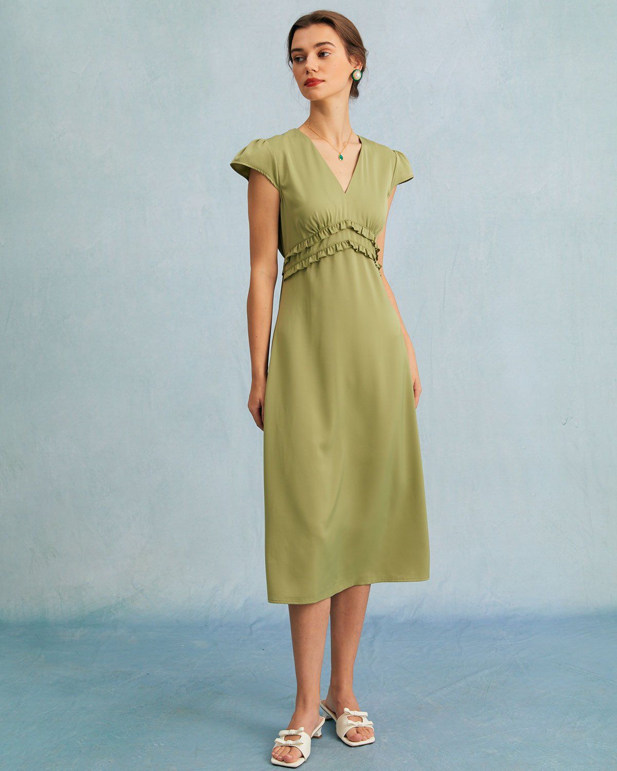 The Green V Neck Ruffle Frill Trim Midi Dress sold by rihoas product image thumbnail 4