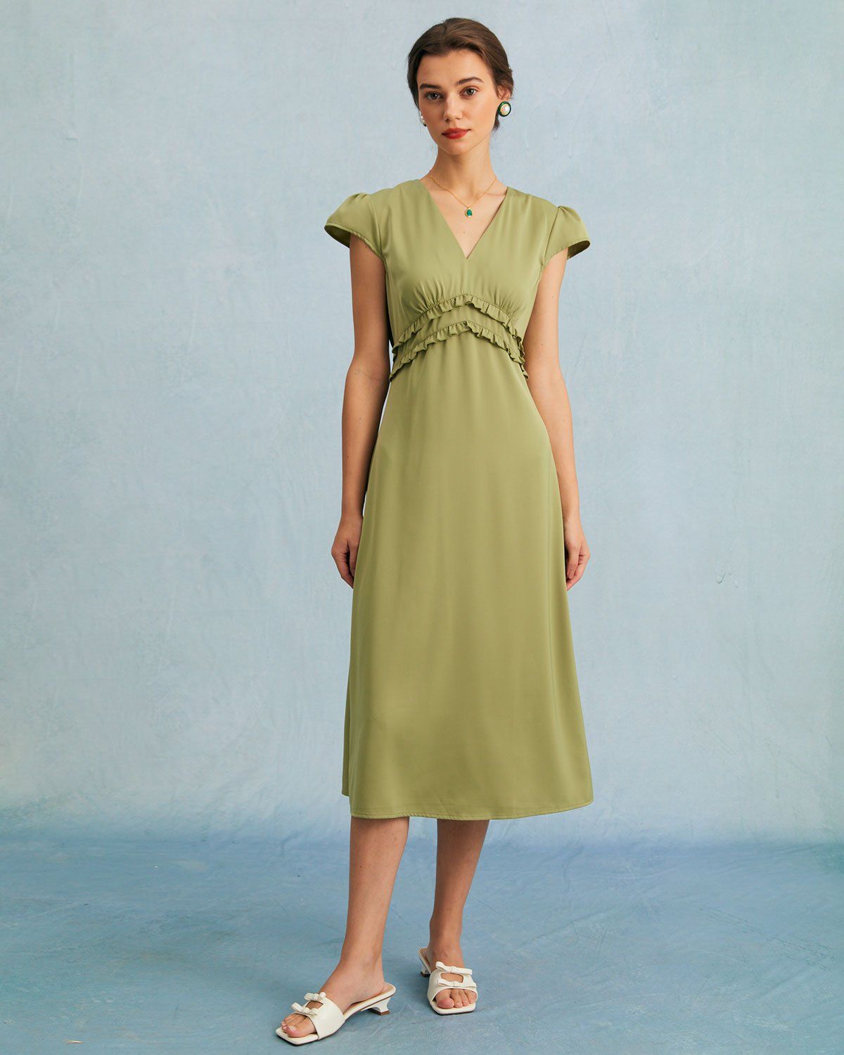 The Green V Neck Ruffle Frill Trim Midi Dress sold by rihoas product image thumbnail 5