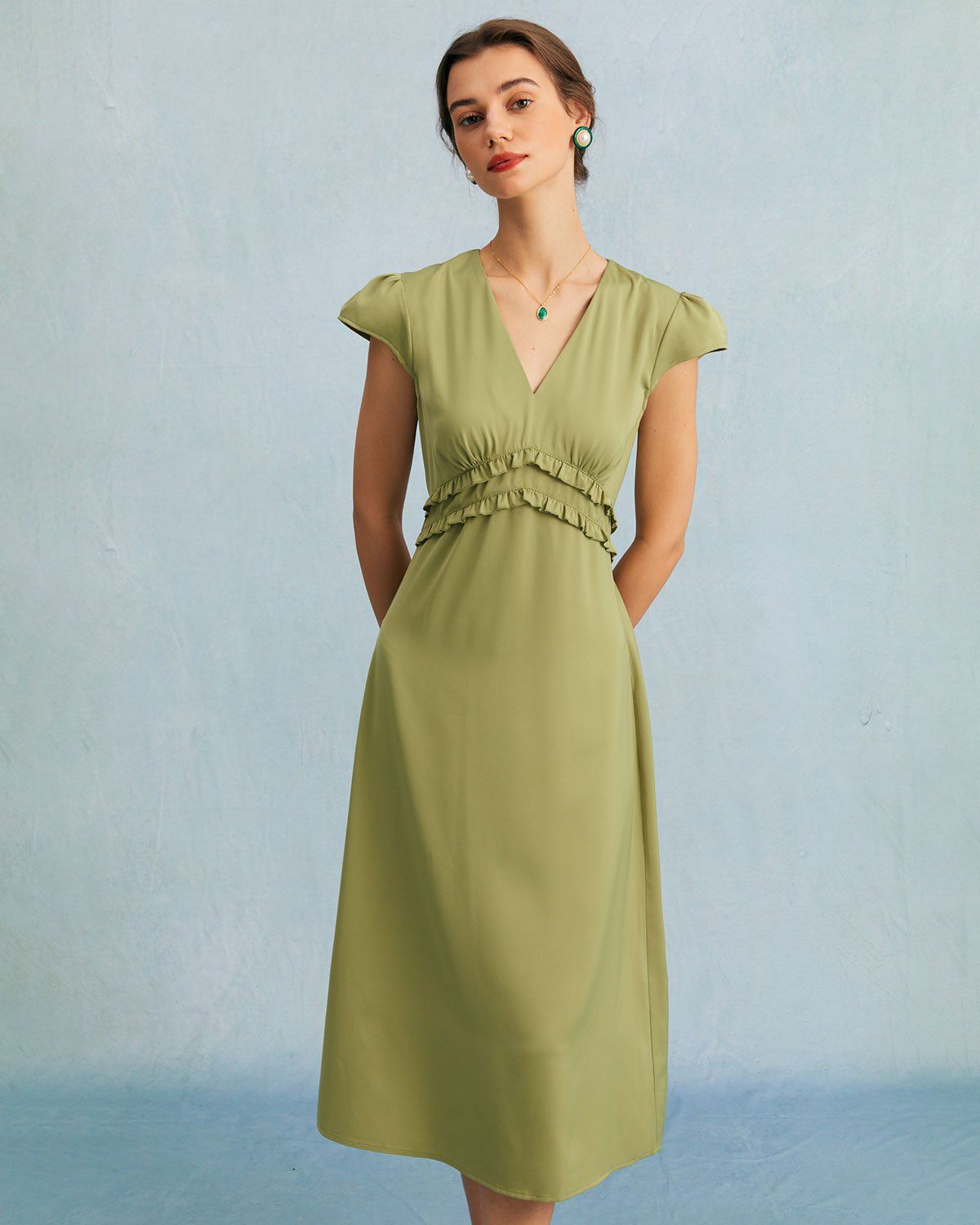 The Green V Neck Ruffle Frill Trim Midi Dress sold by rihoas product image thumbnail 3