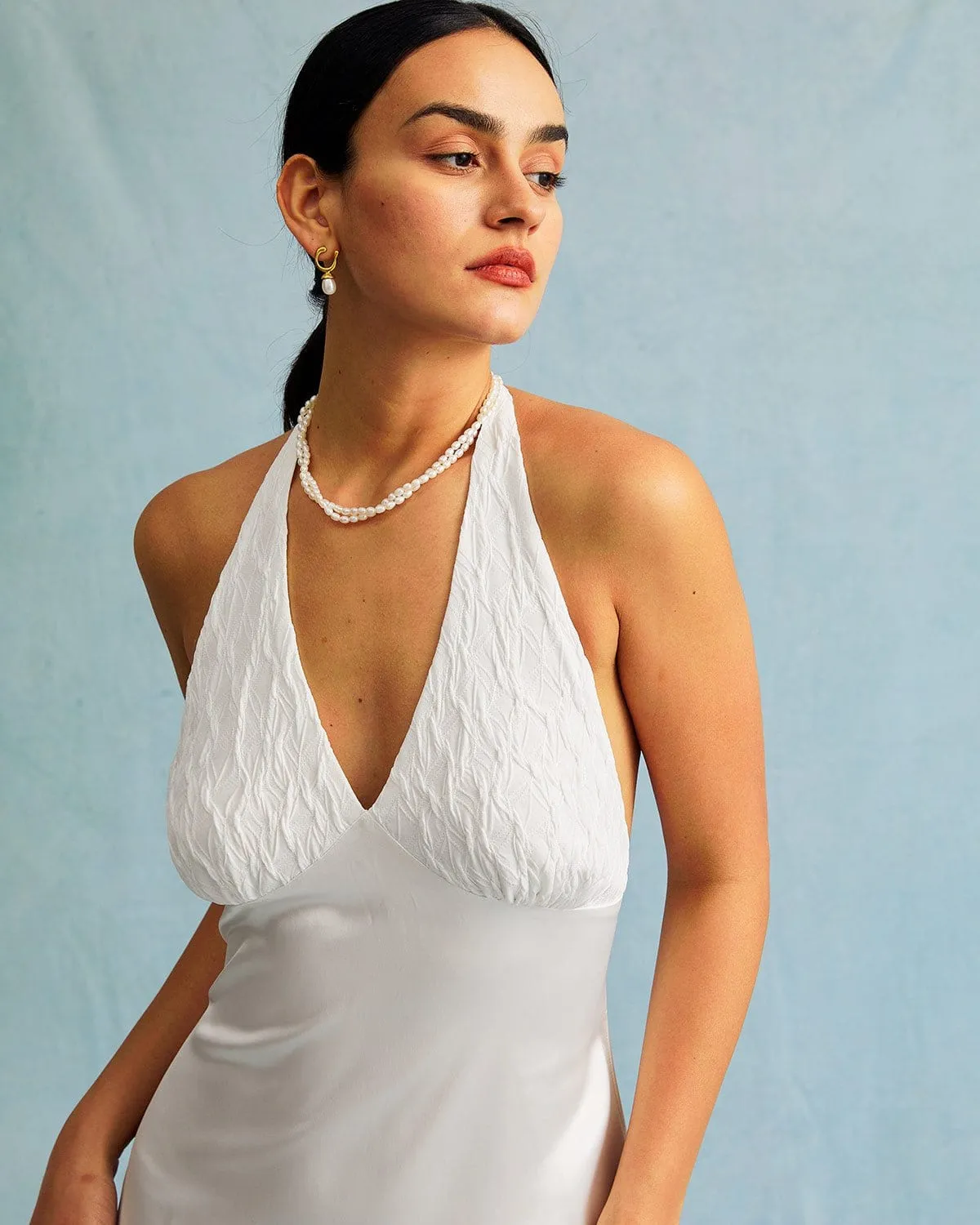 The White Halter Spliced Ruched Satin Midi Dress sold by rihoas product image thumbnail 4