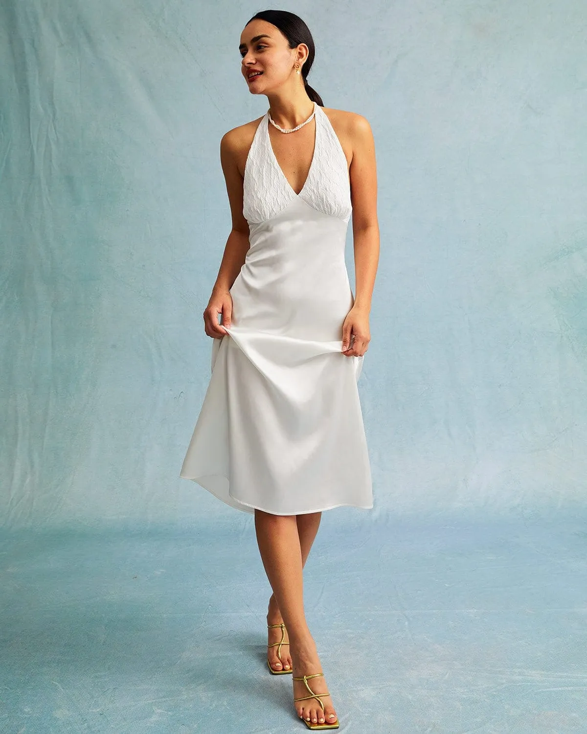 The White Halter Spliced Ruched Satin Midi Dress sold by rihoas product image thumbnail 3