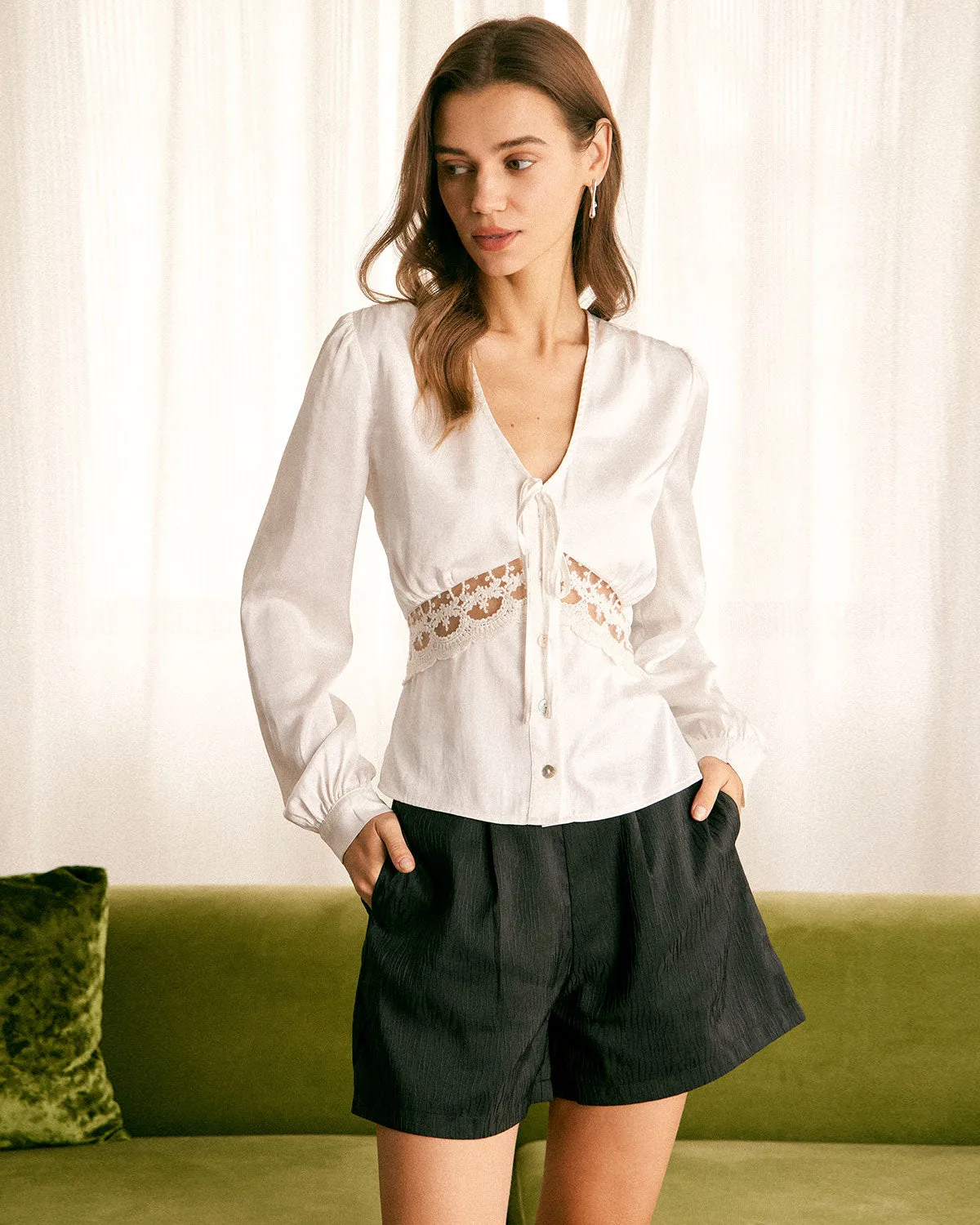 The White V Neck Lace Button Up Blouse sold by rihoas product image thumbnail 4