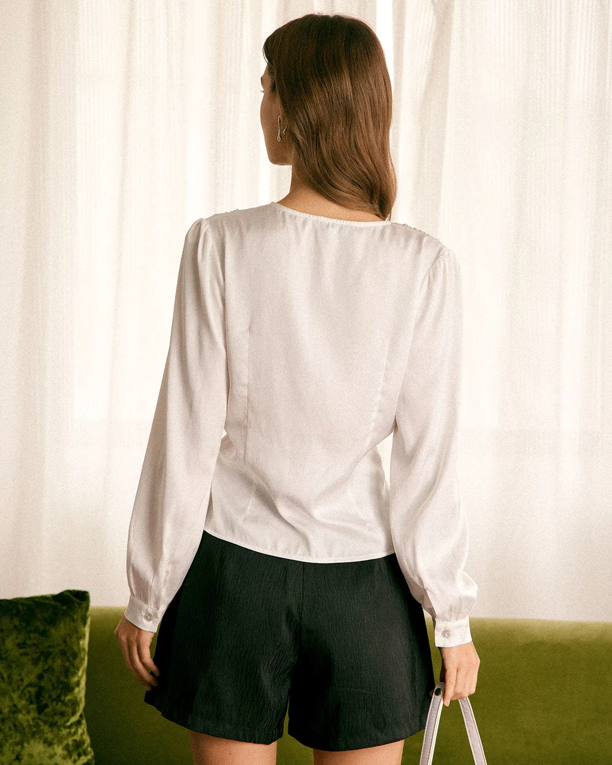 The White V Neck Lace Button Up Blouse sold by rihoas product image thumbnail 5