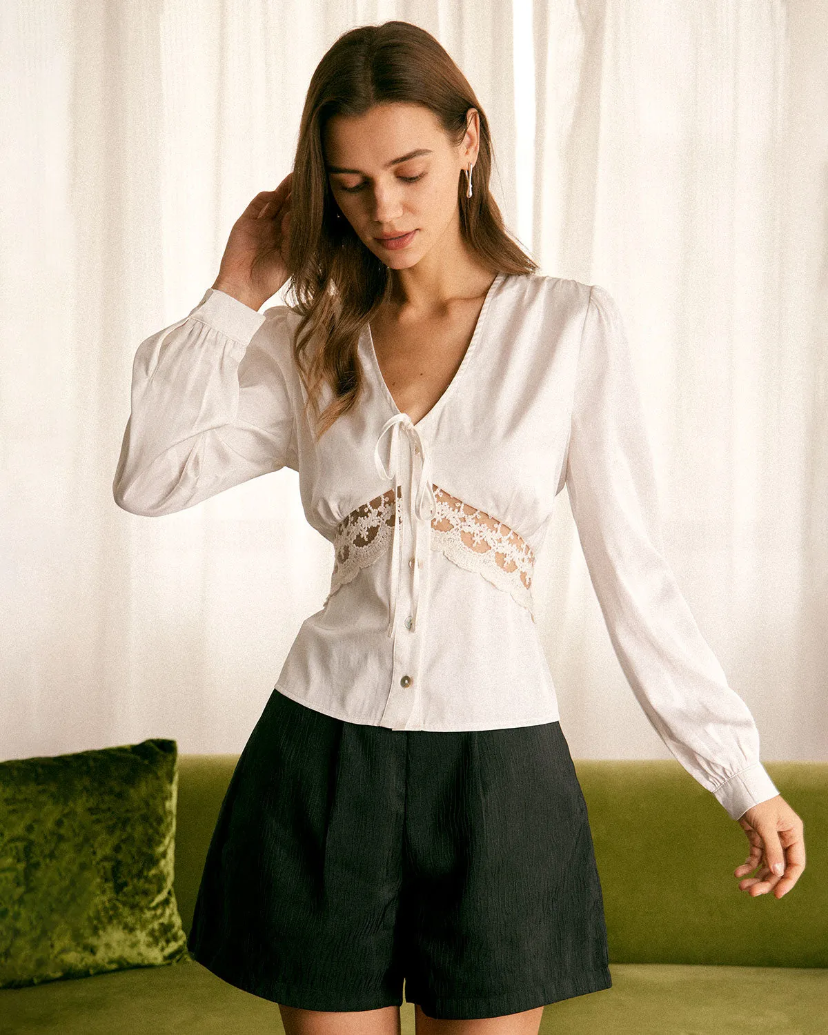 The White V Neck Lace Button Up Blouse sold by rihoas product image thumbnail 3