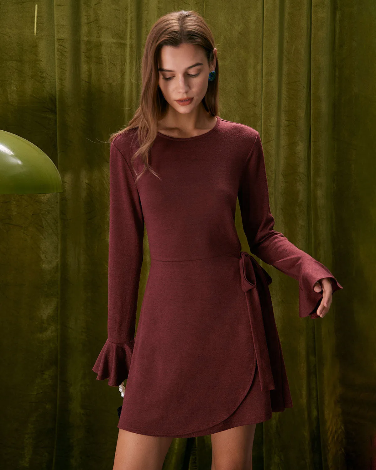 The Wine Red Ruffle Flare Sleeve Mini Dress sold by rihoas