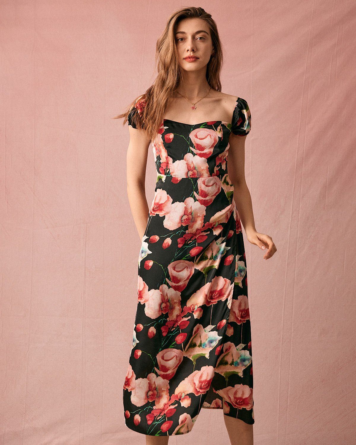 The Square Neck Floral Shirred Midi Dress sold by rihoas product image thumbnail 3