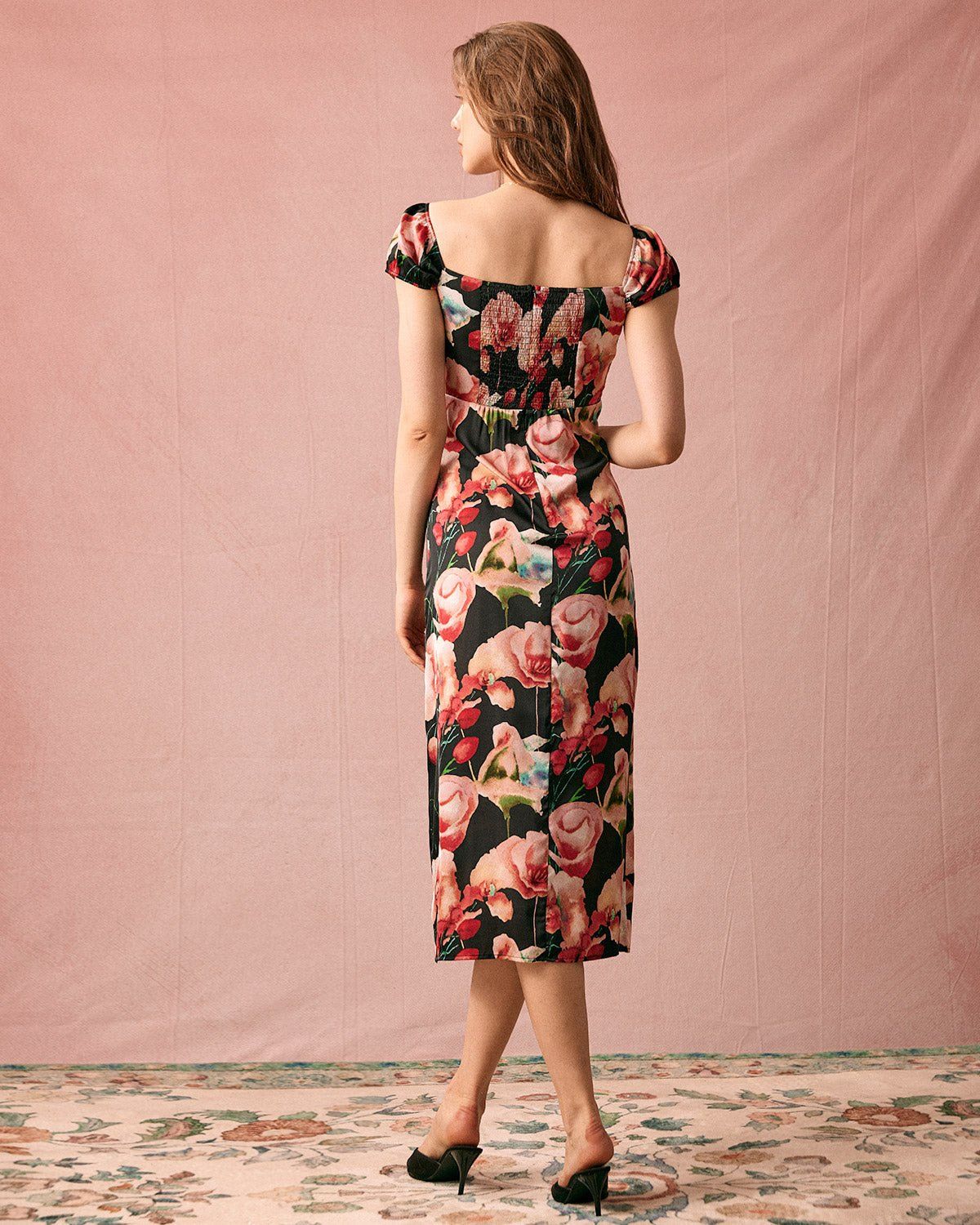 The Square Neck Floral Shirred Midi Dress sold by rihoas product image thumbnail 5