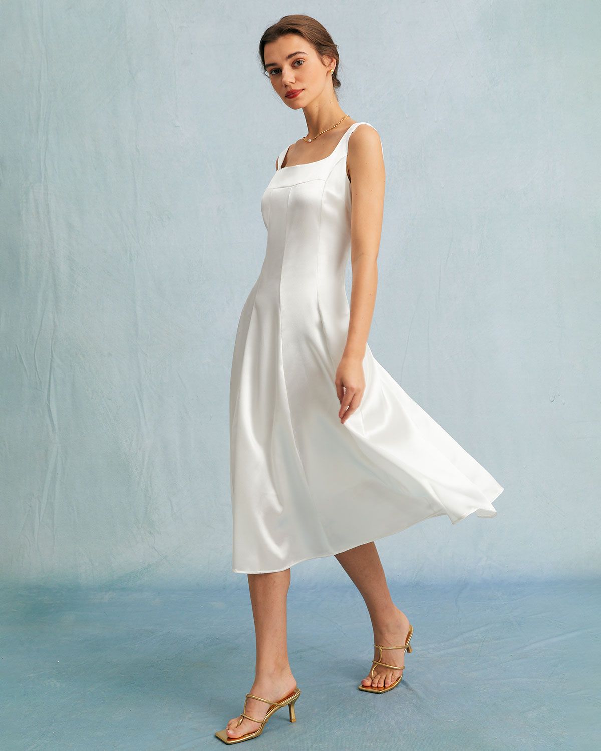 The White U Neck Pleated A-Line Satin Midi Dress sold by rihoas product image thumbnail 2