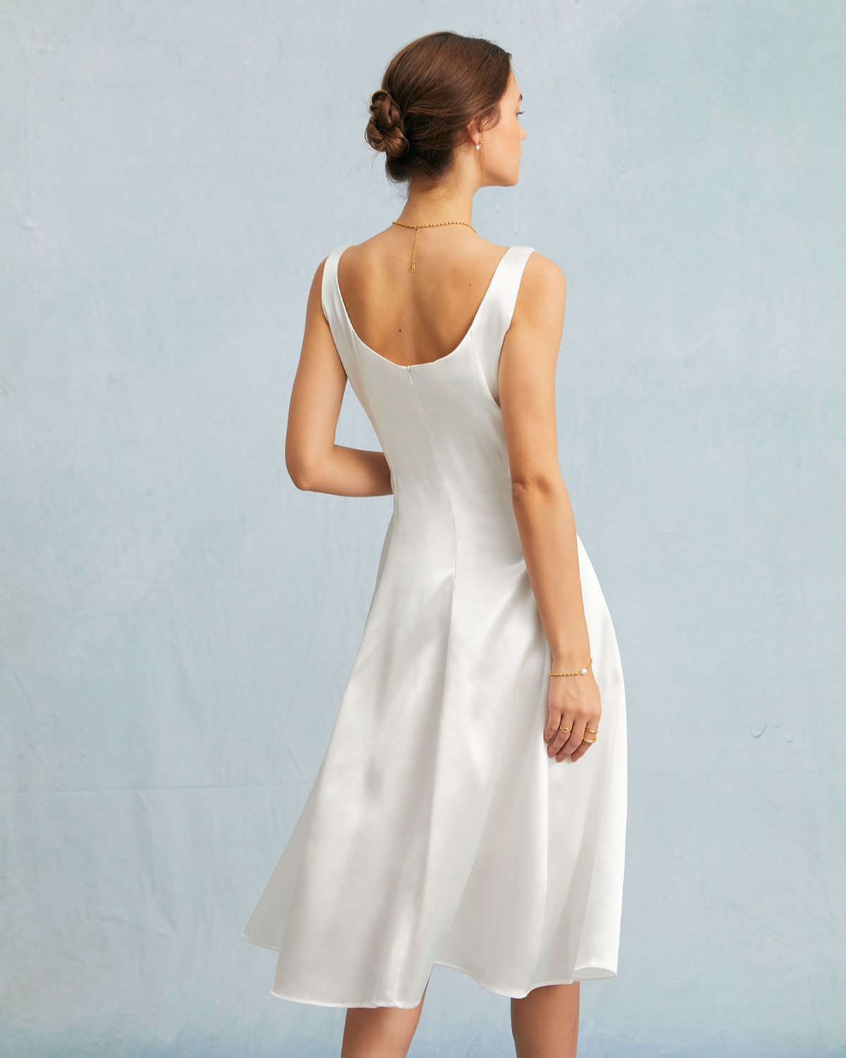 The White U Neck Pleated A-Line Satin Midi Dress sold by rihoas product image thumbnail 6