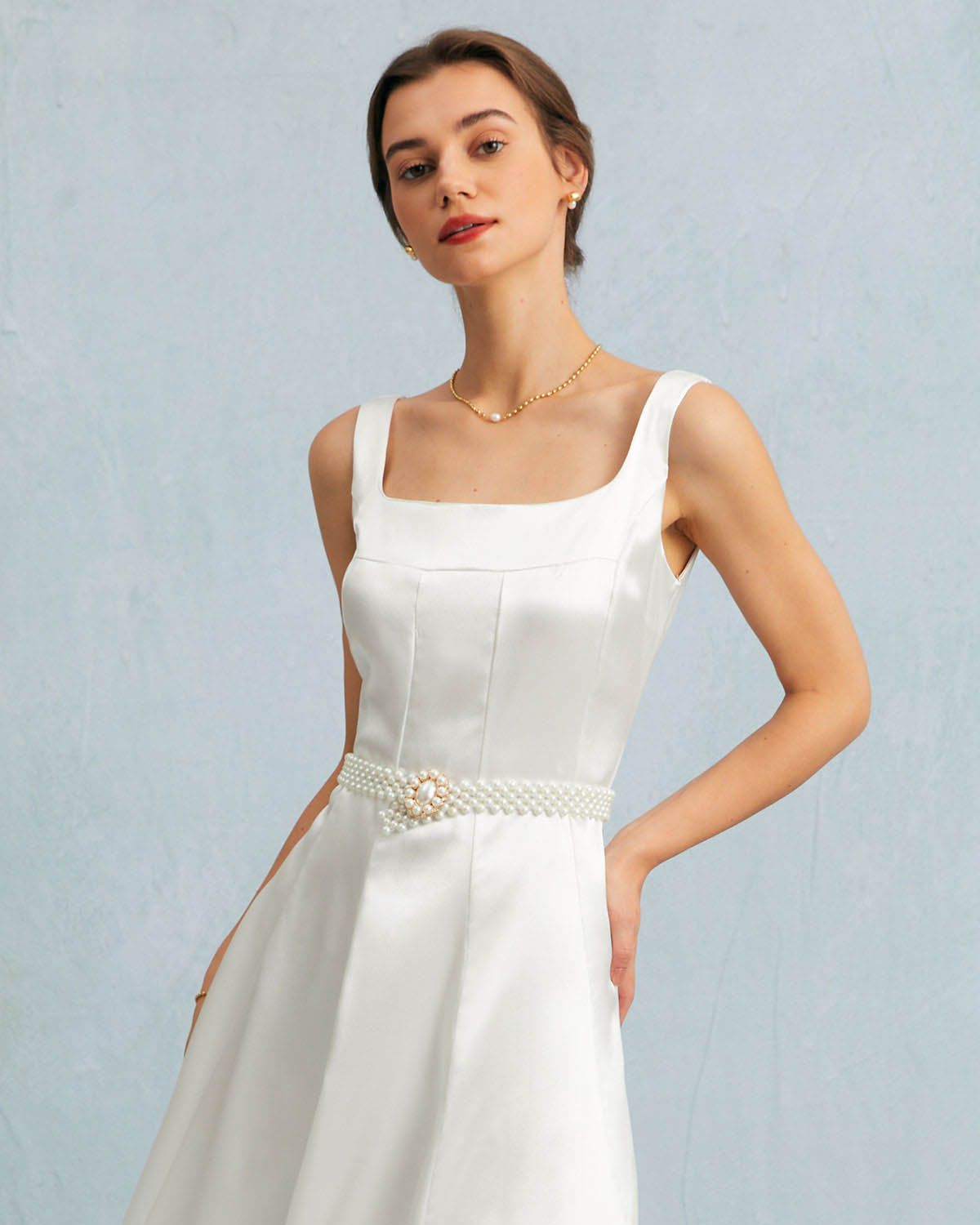 The White U Neck Pleated A-Line Satin Midi Dress sold by rihoas product image thumbnail 3