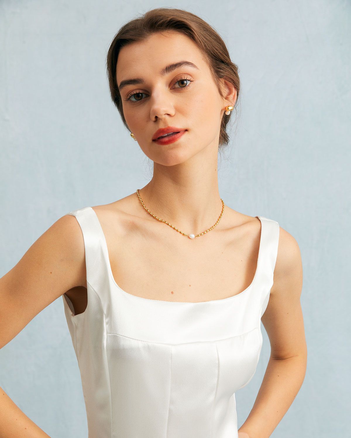 The White U Neck Pleated A-Line Satin Midi Dress sold by rihoas product image thumbnail 4